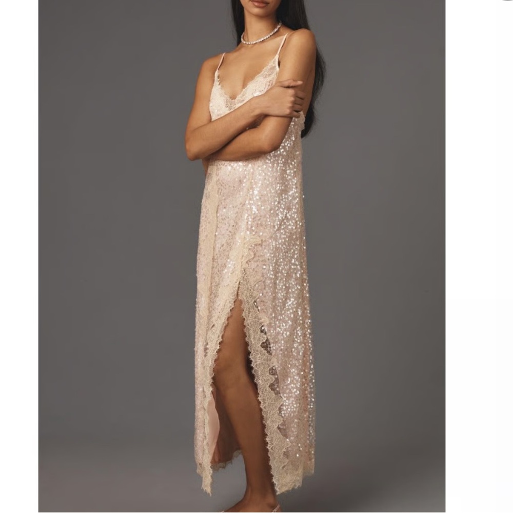 Anthropologie Blush Pink Sequin Maxi Dress with Lace